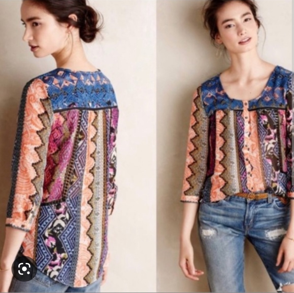 Anthropologie Multicolor Patchwork Print Button-Front Blouse